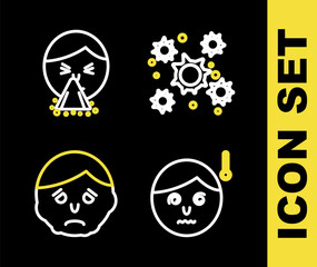 Set line Bacteria, High human body temperature, Inflammation on face and Handkerchief to his runny nose icon. Vector