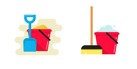 Toy bucket with sand and spade shovel vector icon or plastic pail with mop as cleaning floor service flat cartoon illustration image, sandbox play and household area symbol © vladwel