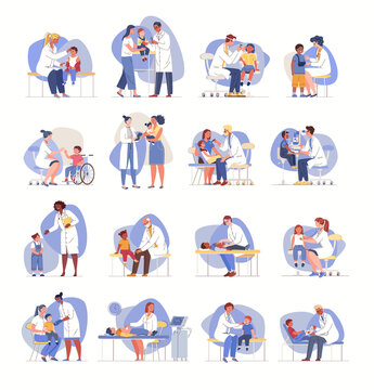 Big set of scenes from children visiting doctor. Consultation of parents on children's diagnostics. Friendly medical workers with little patients. Vector characters flat cartoon illustrations.