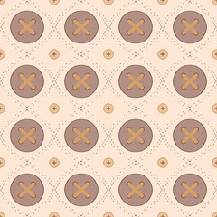 Beige-brown seamless pattern. The sewn buttons background is a flat illustration, for printing on paper, textiles, ceramics, for stylish gift packaging and sewing accessories, for submitting web pages