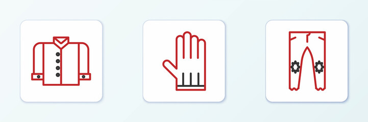 Obraz premium Set line Pants, T-shirt and Leather glove icon. Vector