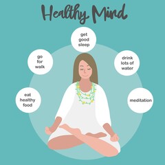 Healthy mind bohemian woman meditation info-graphic vector illustration