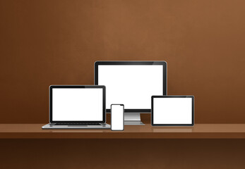 Computer, laptop, mobile phone and digital tablet pc. brown shelf banner