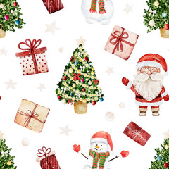 Watercolor Christmas pattern with Santa Claus, snowman, christmas tree and gift boxes isolated on white background.