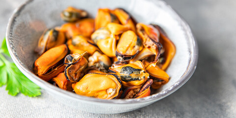mussels ready to eat seafood fresh healthy meal food snack diet on the table copy space food background rustic top view