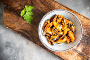 mussels ready to eat seafood fresh healthy meal food snack diet on the table copy space food background rustic top view