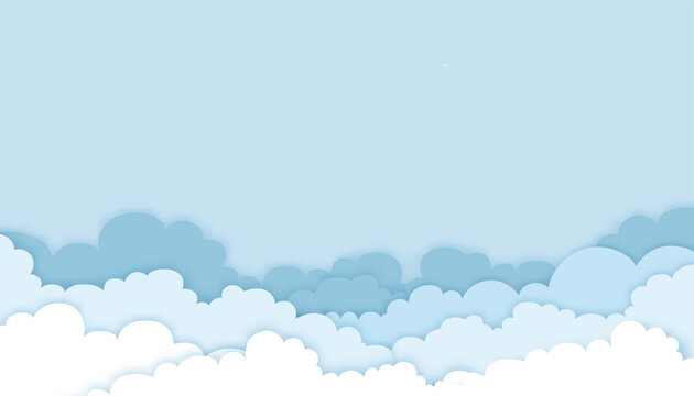 Origami Cloud with Blue Sky background, Vector illustration Cloudscape layers 3D paper cut art style with copy space for text. Horizontal banner for Spring sale or Summertime season