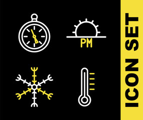Set line Sunset, Meteorology thermometer, Snowflake and Compass icon. Vector