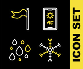 Set line Weather forecast, Snowflake, Water drop and Meteorology windsock wind vane icon. Vector