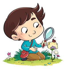 Illustration of boy exploring with magnifying glass in nature