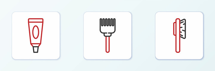 Set line Hairbrush, Cream or lotion cosmetic tube and icon. Vector