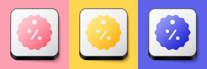 Isometric Discount percent tag icon isolated on pink, yellow and blue background. Shopping tag sign. Special offer sign. Discount coupons symbol. Square button. Vector