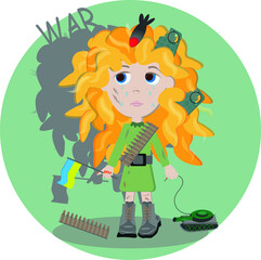 Vector illustration of a crying girl with military toys