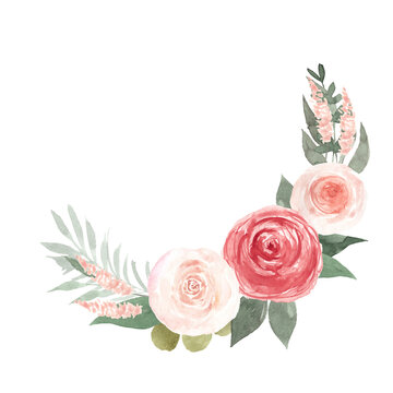 Elegant floral watercolor wreath with rose, peony and greenery isolated on white.