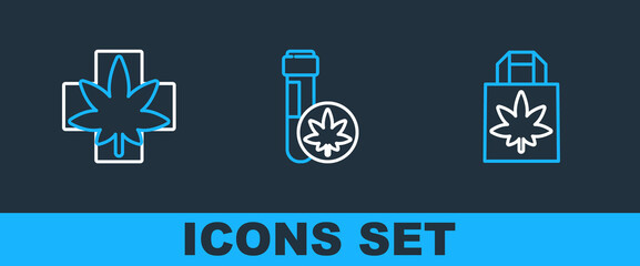 Set line Shopping paper bag of marijuana, Medical or cannabis leaf and Chemical test tube with icon. Vector