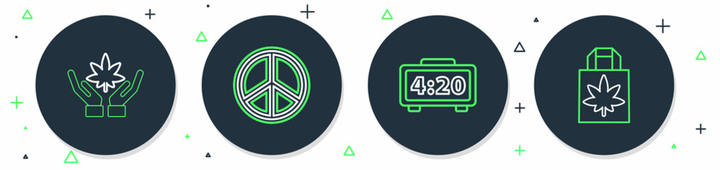 Set line Peace, Digital alarm clock, Marijuana or cannabis leaf and Shopping paper bag of marijuana icon. Vector