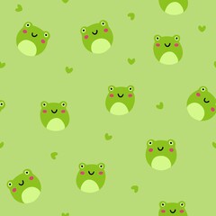Obraz premium Seamless pattern of cute smiling frogs for kids fabric print, textile, gift wrapping paper, wallpaper, etc. Flat style cartoon vector illustration on green background