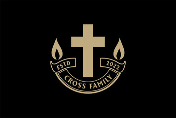Obraz premium Vintage Jesus Christian Cross with Ribbon Badge Emblem Label for Church Chapel Logo Design Vector