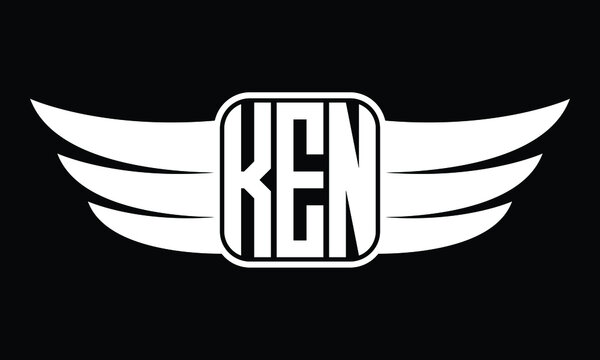 KEN three Letter Wings Flying Initial wing symbol minimalist creative concept flag icon professional logo design Vector template with abstract black and white tattoo
