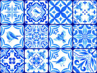 Azulejos - Portuguese tiles blue watercolor pattern. Traditional ornament. Variety tiles collection.