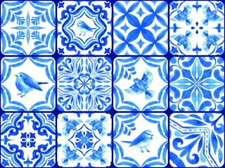 Papier peint Portugal carreaux de céramique Azulejos - motif aquarelle bleu carreaux portugais. Ornement traditionnel. Collection de carreaux de variété.