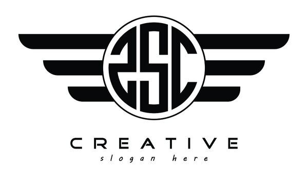 ZSC three letter circle with wings logo design vector template. wordmark logo | emblem logo | monogram logo | initial letter logo | typography logo | business logo | minimalist logo |