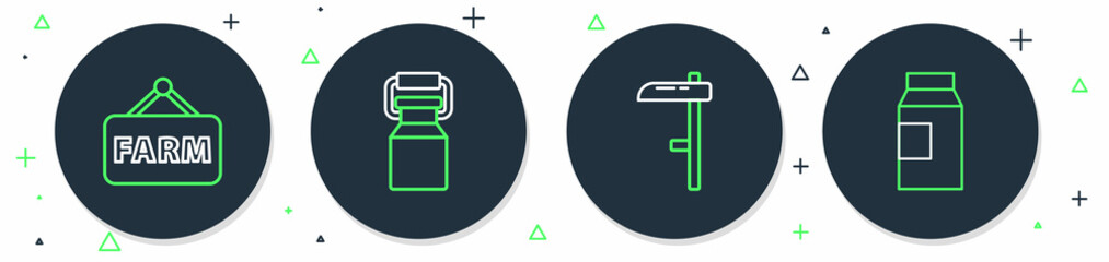 Set line Can container for milk, Scythe, Signboard with text Farm and Paper package icon. Vector
