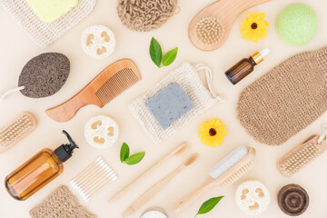 Fototapeta na wymiar Natural bath accessories and self-care products for body and skin care. Zero waste and eco living concept. Flat lay