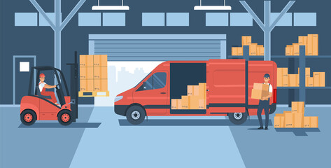 Warehouse with working forklift, cargo van and employees. Vector illustration. © lyudinka