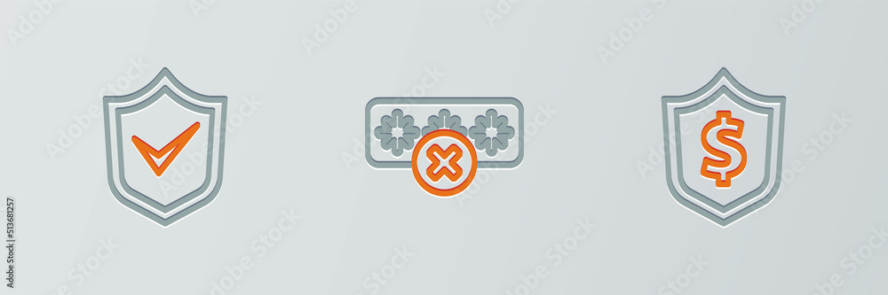 Poster set line shield with dollar, check mark and password protection icon. vector