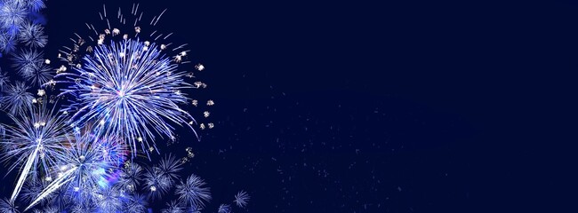 Fireworks, white-blue sylvester-fireworks on dark blue background with sparks and space for text - obrazy, fototapety, plakaty