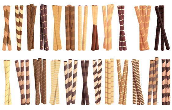 Wafer rolls icons set cartoon vector. Choco stick. Roll sweet