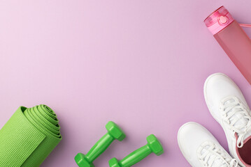 Fitness concept. Top view photo of green yoga mat dumbbells pink bottle of water and white sports...