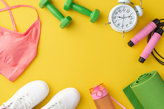 Fitness accessories concept. Top view photo of pink sports bra white shoes skipping rope bottle of water dumbbells exercise mat alarm clock on isolated yellow background with copyspace in the middle