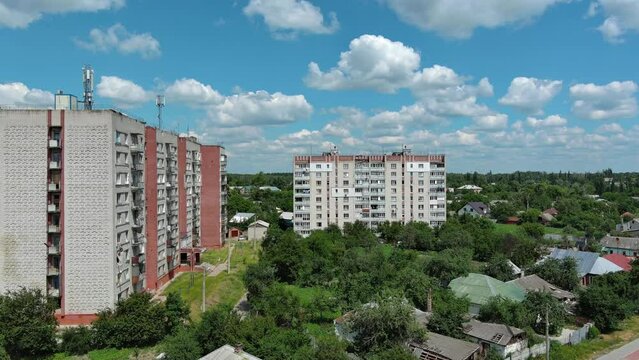 Chernihiv, Ukraine - June 27, 2022: War in Ukraine. Damaged ruined multi-storey house in ukrainian city Chernihiv near Kyiv on north of Ukraine. Ruins during War of Russia against Ukraine.