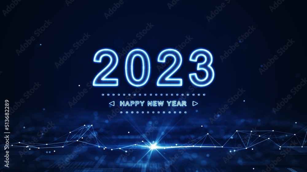 Leinwandbilder happy new year 2023. glowing white numbers and letters stand out in the center. there are interconne