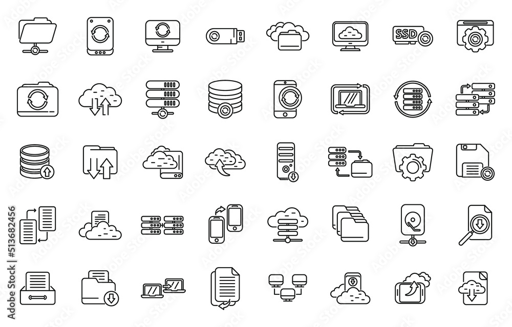 Poster backups icons set outline vector. recovery data