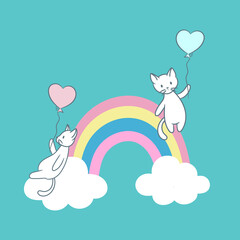 Obraz na płótnie Canvas Cute cartoon cats sitting on a rainbow holding on to balloons, vector illustration