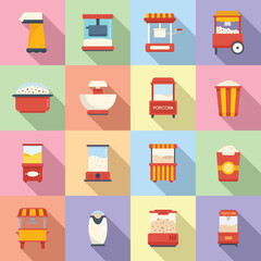 Popcorn maker machine icons set flat vector. Cinema corn