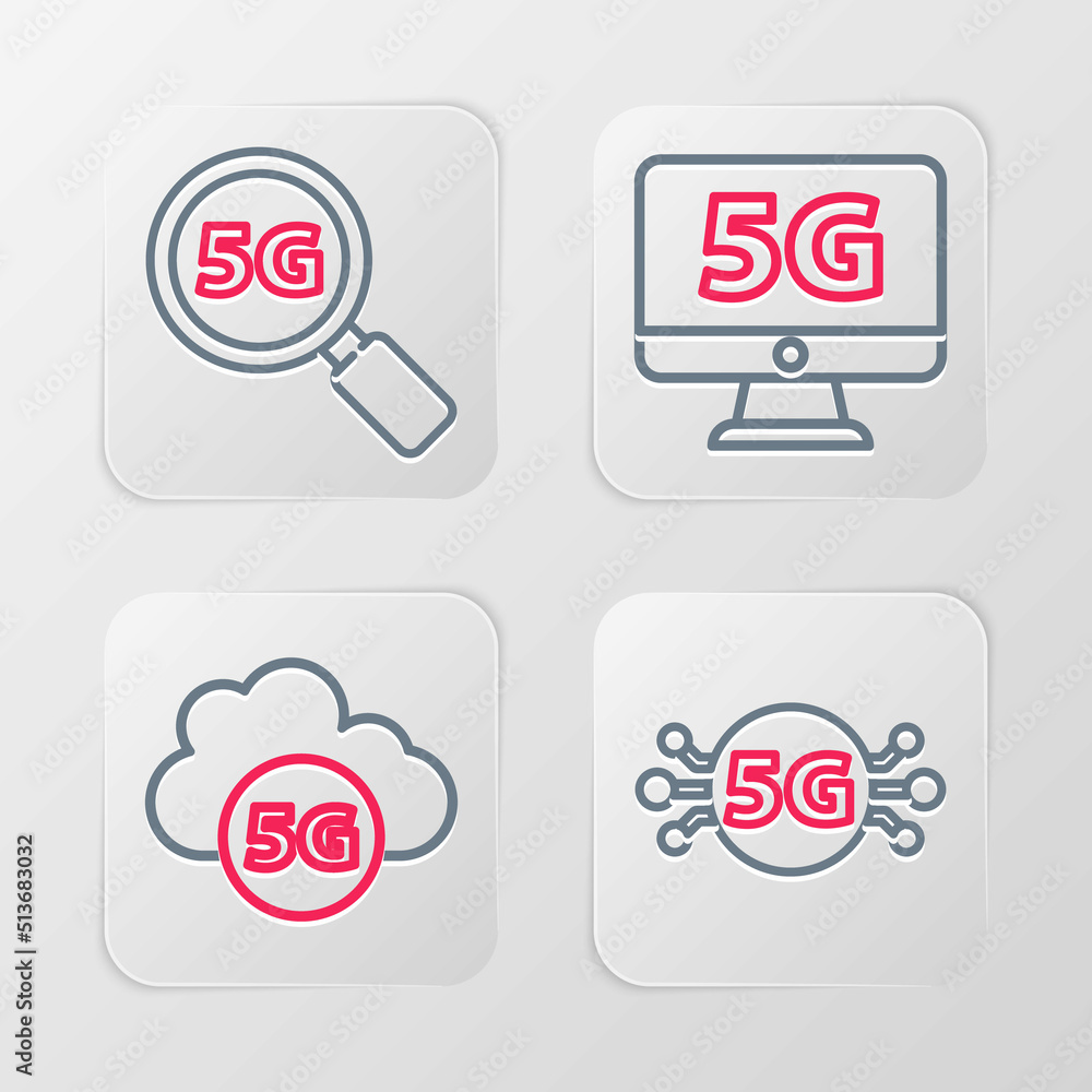 Poster set line 5g network, cloud, monitor with and search icon. vector