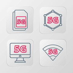 Set line 5G network, Monitor with, and Sim Card icon. Vector