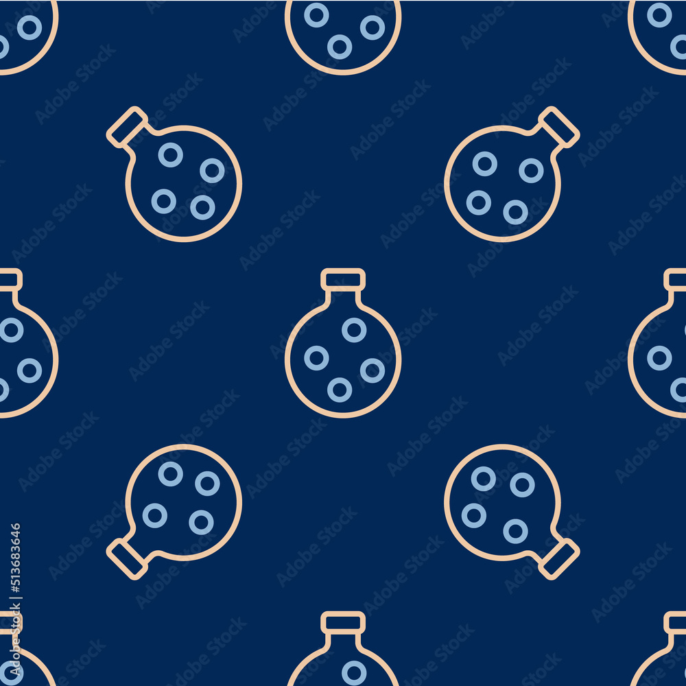 Poster line bottle with potion icon isolated seamless pattern on blue background. flask with magic potion. 