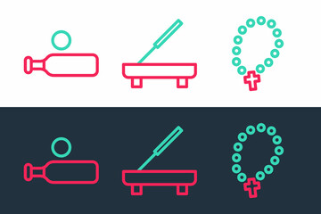 Set line Rosary beads religion, Wood cricket bat and ball and Scented spa stick icon. Vector