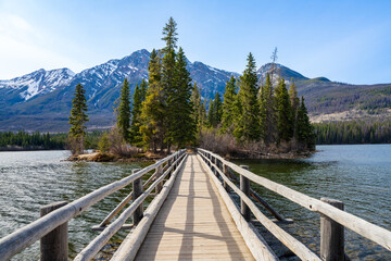 Pyramid Island, Pyramid Lake. Jasper National Park landscape. Canadian Rockies nature scenery background. Alberta, Canada.