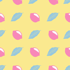 Pink lemon and leaves on yellow background, seamless pattern design