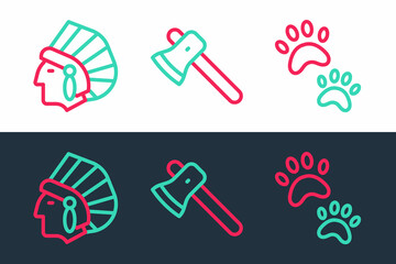 Set line Paw print, Native American Indian and Wooden axe icon. Vector