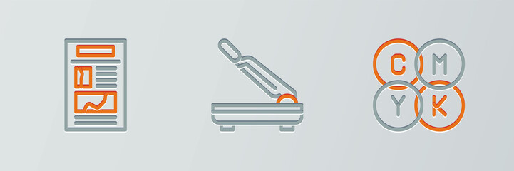 Set line CMYK color mixing, News and Paper cutter icon. Vector