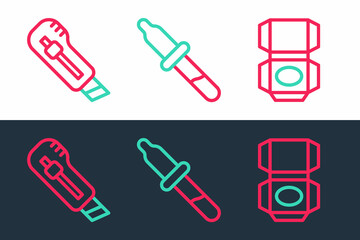 Set line Carton cardboard box, Stationery knife and Pipette icon. Vector