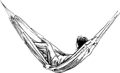 Hand sketch of a woman in a hammock. Vector illustration. - obrazy, fototapety, plakaty