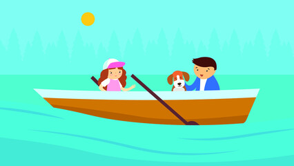 Dad, daughter and dog paddle boat - obrazy, fototapety, plakaty